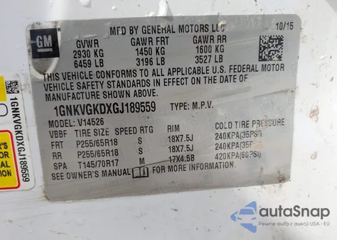 2016 Chevrolet Traverse z USA, uszkodzony, nr VIN 1GNKBGKDXGJ189559